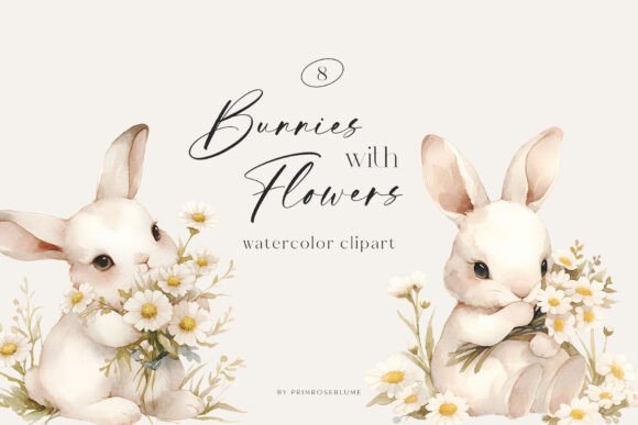 Download Cute Bunnies with Flowers Clipart - Clipart Collection