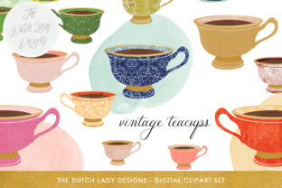 Download Vintage Teacup Clipart Set - Vintage & Golden Style - Watercolor Circles Included - INSTANT DOWNLOAD - Clipart Collection