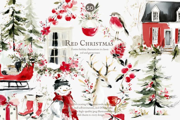 Download Festive Red Christmas Watercolor Clipart - Clipart Collection