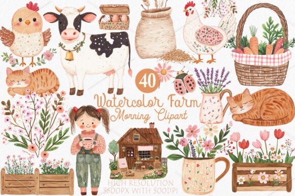 Download Watercolor Farm Morning Clipart Bundle - Clipart Collection
