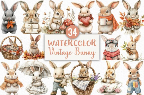 Download Watercolor Vintage Bunny Clipart Bundle - Clipart Collection