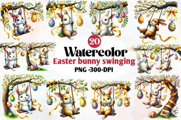 Download Watercolor Easter Bunny Swinging Clipart - Clipart Collection