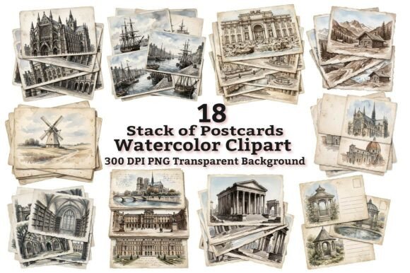 Download Vintage Travel Postcard Stack Clipart - Clipart Collection