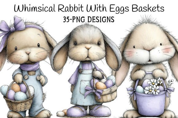 Download Whimsical Rabbit Clipart with Eggs Baske - Clipart Collection