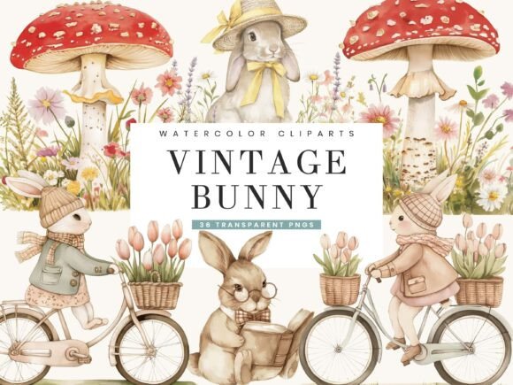 Download Watercolor Vintage Bunny Clipart Bundle - Clipart Collection